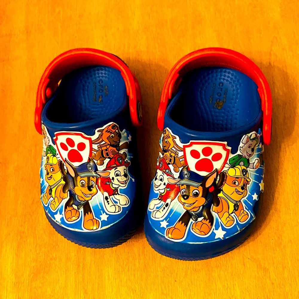 Blue and Red Toddler CROCS with Paw Patrol Design